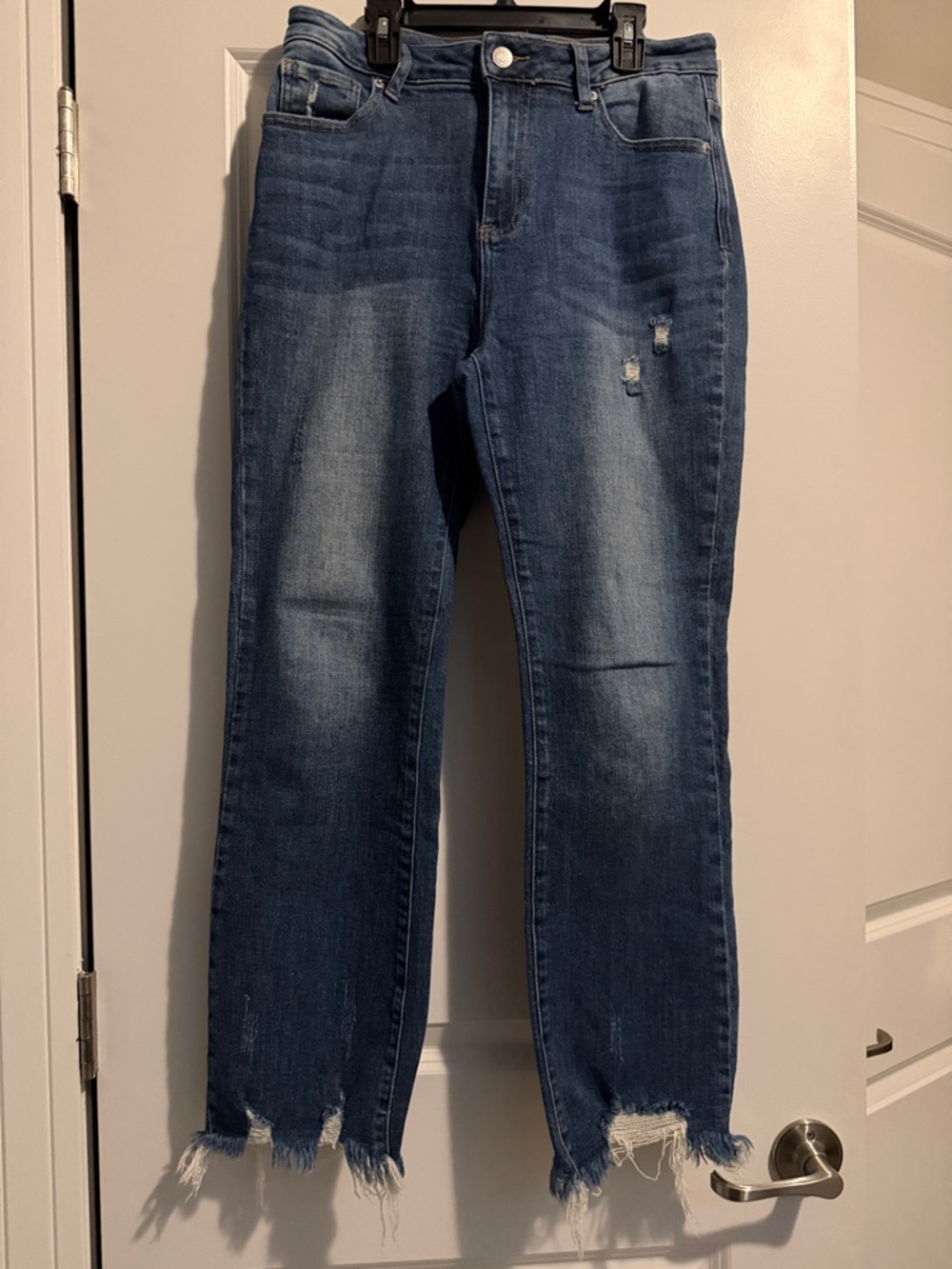 Distressed Straight-Leg Medium Blue Jeans